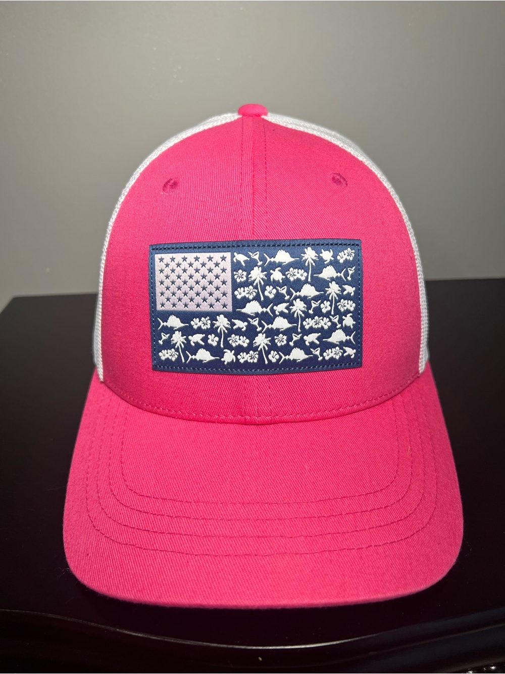 Columbia PFG Pink White Mesh SnapBack Trucker Hat Adjustable Flag Cap